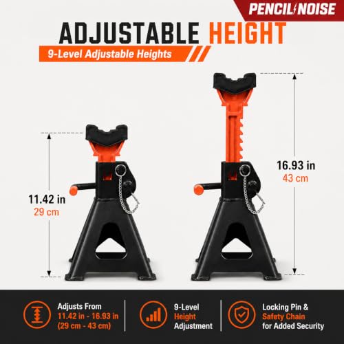 Jack Stands, 3 Ton(6600 Lbs) Capacity with Rubber Cover and Large Foot Base, Heavy Duty Steel Double Locking Car Lifting Stand, 1 Pair (Black Orange(with Rubber Cover)) - color: Black Orange(with rubber cover)