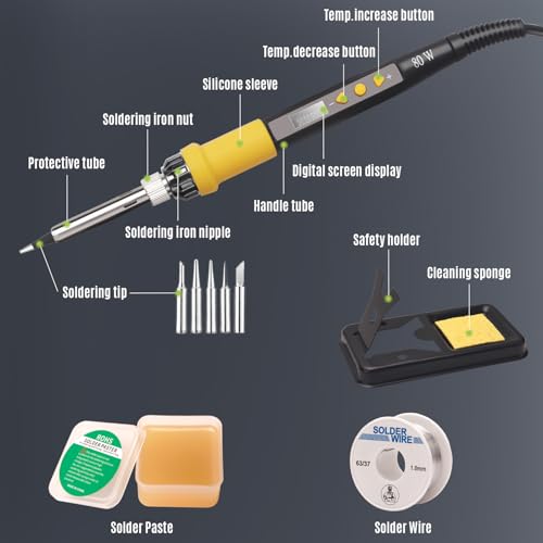 LDK 80W Soldering Iron Kit, 110V Digital Soldering Iron with 5 Solder Tips, Solder Wire, Adjustable Temperature Solder Welding Tools, Fast Heating, Electrical Repair - color: Yellow