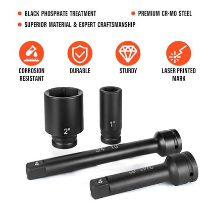 3/4" Drive Deep Impact Socket Set,21Pcs SAE (3/4 to 2 Inch) Sizes with Ratchet Wrench (24 tooth) Andextension Rod,6-Point Socket,Cr-Mo Steel Includes Adapters - size: 3/4"Drive Socket Set 21 PCS
