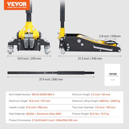 VEVOR Low Profile Floor Jack 2 Ton (4400 lbs), Heavy Duty Aluminum Hydraulic Racing Floor Jack, Hydraulic Car Jack, Dual Piston Quick Lift Pump, 3.2"-14.6" Height Lifting Range (Yellow)