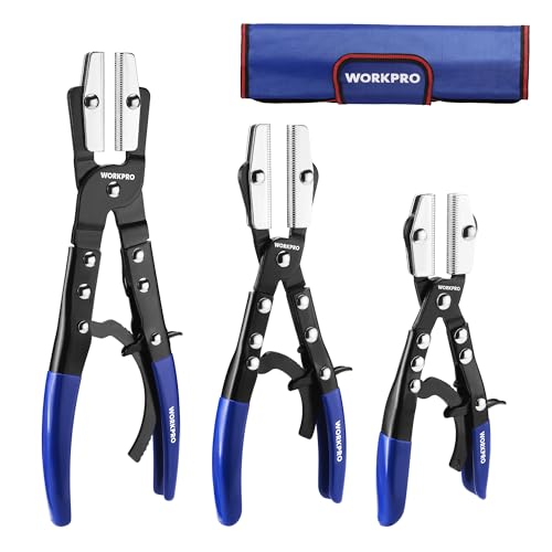 WORKPRO 3-Piece Ratcheting Hose Pinch Off Pliers Set with Storage Bag | 8", 10", 12" Locking Hose Pinch Pliers Set - for Radiator, Coolant, Automotive, Fuel Lines - color: Blue