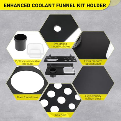 Coolant Funnel Kit Holder Storage Rack Includes 2 Plastic Removable Drip Cups, Wall Mount Fluid Drain Funnel Kit Organizer Bracket for Enclosed Race Trailers, Automotive Garage Shop, Black