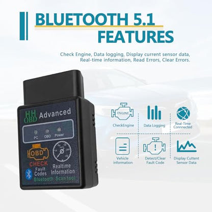 Bluetooth OBD2 Wireless Scanner Diagnostic Tool, Vehicle Code Reader for Car, Scan Tool Reset & Clear Check Car Engine Light, Compatible with iOS & Android & Windows