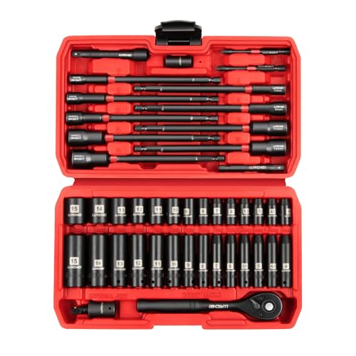 LLNDEI 1/4" Drive Socket Set & Nut Driver Set 44PCS, 1/4-Inch Sockets Deep&Shallow Metric(4-15mm) with Ratchet, 1/4" Hex Shank 6" Long Nut Drivers(6-14mm) for Impact Drill Bits(PH1 PH2) - size: 44PCS Metric