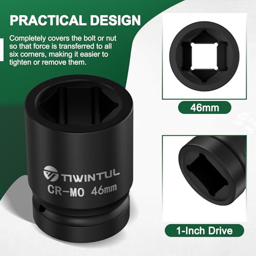 46mm Impact Socket 1-Inch Drive, 6 Point Design, for Semi Truck | CR-MO Heavy Duty Metric Socket for High Torque Impact Wrench, Large Socket for Semi Truck Axle Nuts & Heavy Equipment - size: 46mm(1 PCS)