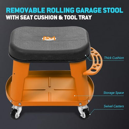 PM PERFORMOTOR Adjustable Height Pneumatic Garage Seat Rolling Mechanic Stool with Tool Tray Storage,300lbs Max Weight Capacity, Orange,PM-TOL-RTS-OG