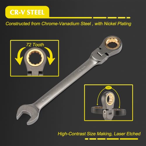 EMENTOL 24-Piece Flex Head Ratcheting Wrench Set, Metric & SAE Combination | 72 Tooth Cr-V Steel 180° Swivel Flexible Ratchet Wrench Kit for Auto, Machinery Repair & Household DIY Maintenance - size: Metric 8-19mm & SAE 1/4"-7/8"