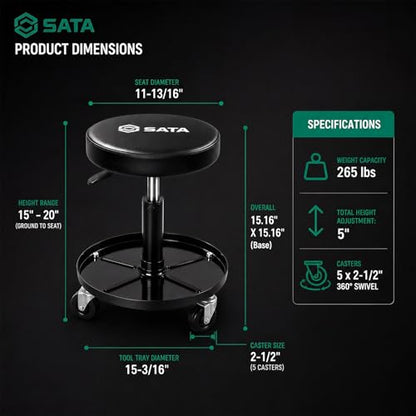 SATA Adjustable Rolling Shop Stool with Wheels, Heavy Duty 300 lbs Capacity Mechanics Chair, Rolling Garage Stool for Seated Work, 385mm Seat, 390mm Height