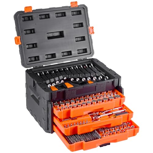 VEVOR Mechanics Tool Set and Socket Set, 450 Pcs, 1/4, 3/8 and 1/2 inch Drive Deep and Standard Sockets, SAE Metric Mechanic Tool Kit with Bits, Wrenches, Accessories, Storage Case with Orange Drawer - size: 1/4"&3/8"&1/2", style: NEW 450 PC