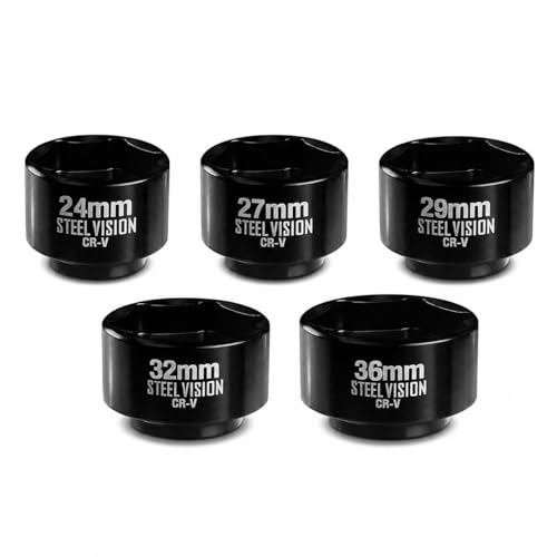 Steel Vision 5-Piece 3/8" Drive Low Profile Oil Filter & Oil Canister Socket Set, Metric 24mm, 27mm, 29mm, 32mm, 36mm, Chrome Vanadium Steel, 6-Point Design, Laser-Etched Markings (Upgraded Style)