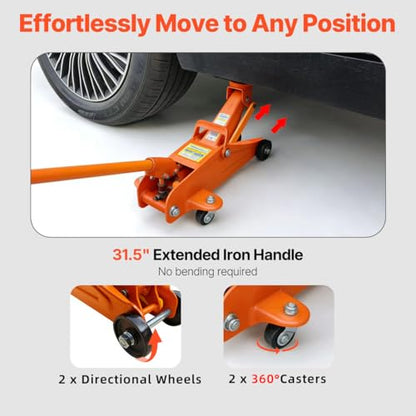 Low Profile Hydraulic Floor Jack, 2 Ton, 5-1/8"-13" Lift | 4000LB Capacity, Overload Safety Valve, Swivel Casters, Heavy-Duty Steel, For Sedans, SUVs Trucks