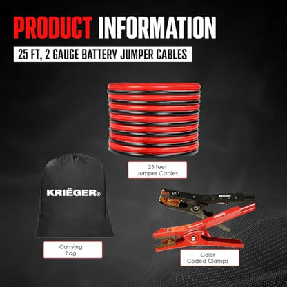 K KRIËGER Krieger Jumper Cables for Car Battery, Heavy Duty Automotive Booster Cables for Jump Starting Dead or Weak Batteries with Carrying Bag Included (25-Feet (2-Gauge) - size: 25-Feet (2-Gauge)