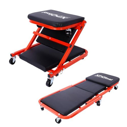 36in 2 in 1 Mechanic Creeper - Z Shape Creeper Seat Foldable Creepers Automotive with 6 Wheels | 300Lbs Capacity Garage Chair | Low Profile Creeper Lay Down or Sit for Garage Shop Auto Repair RED