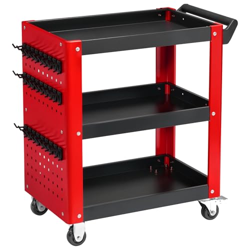 3 Tier Rolling Tool Cart, Red and Black Load Capacity of 1000 LBS | On Wheels, Mechanic Storage Organizer, With Pegboard, For Garage, Workshop, Warehouse - color: Red and Black