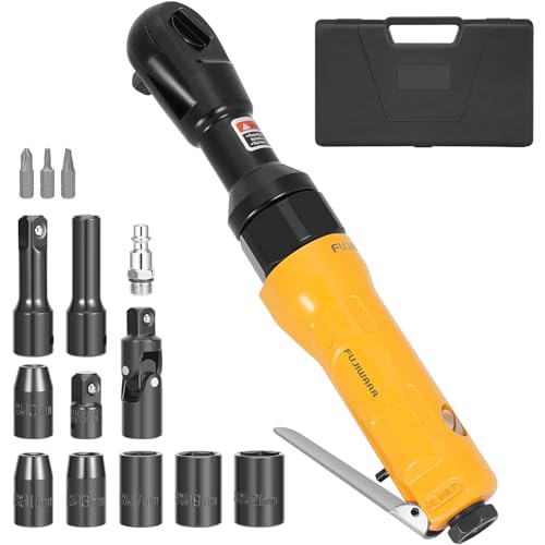 FUJIWARA 3/8 Inch Air Ratchet Wrench Set with 1/2" Drive Adapter,50ft-lbs Pneumatic Torque Impact Wrench Tools Kit with 6 Sockets(10,11,13,17,19,21MM) for Auto Maintenance, Repair Work -Yellow