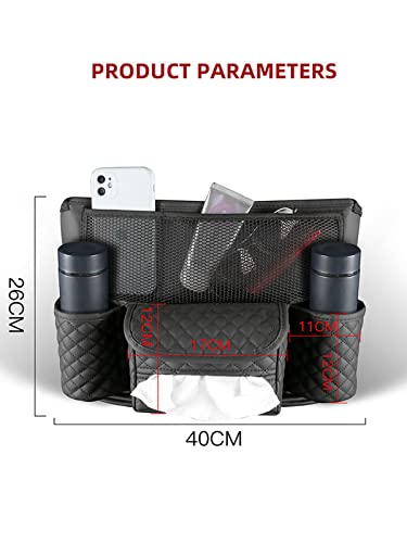 Car Handbag Holder Between Seats with Multi-Pocket Large Capacity Storage Bag, Pet Kids Barrier, Driver Storage Pouch for Handbag Cup - color: Black with Tissue Box