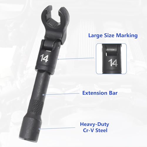 8PCS Flex Head Crows Foot Line Wrench Set, Injector Fuel Line Sockets Wrench Set with 3/8" & 1/2" Drive, Metric Crowfoot Flare Nut Socket Wrench for 12 14 16 17 18 19 mm Nuts, with Extension Bar - size: 8pcs