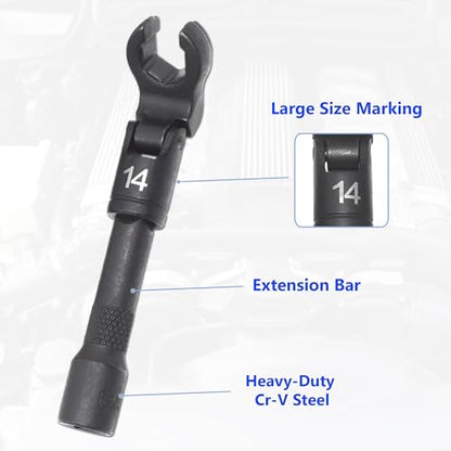 8PCS Flex Head Crows Foot Line Wrench Set, Injector Fuel Line Sockets Wrench Set with 3/8" & 1/2" Drive, Metric Crowfoot Flare Nut Socket Wrench for 12 14 16 17 18 19 mm Nuts, with Extension Bar - size: 8pcs