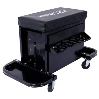 Mechanic Roller Seat with Tool Box, 3-Drawer Rolling Tool Chest Stool with Padded Seat Cushion, 350 LBS Capacity Padded Mechanic Stool with Side Tool Trays for Home, Garage, Workshop