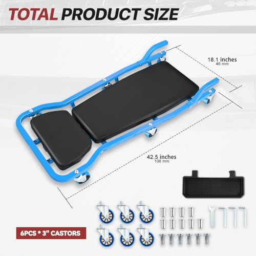 Mechanic Creeper, Low Profile Under Car Rolling Creeper with Padded Headrest and 3 Swivel Casters, 300Lbs Capacity, 42" L x 18" W, Blue