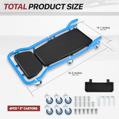 Mechanic Creeper, Low Profile Under Car Rolling Creeper with Padded Headrest and 3 Swivel Casters, 300Lbs Capacity, 42" L x 18" W, Blue
