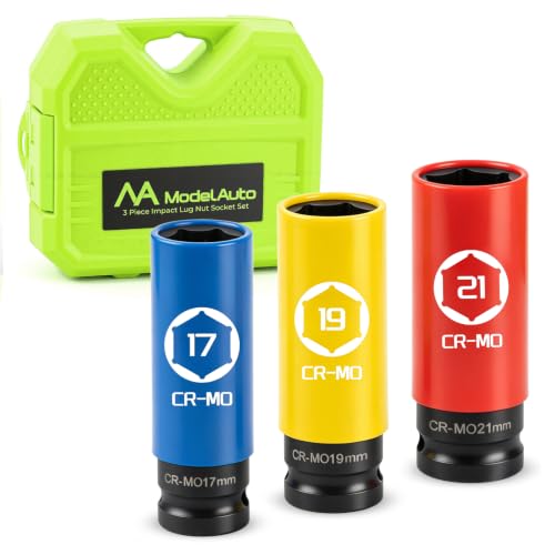 3-Piece Thin Wall Impact Lug Nut Socket Set 1/2" Drive | Non-Marring CR-MO Steel, Permanent Sleeves, 17mm 19mm 21mm Metric for Aftermarket Alloy Wheels with Storage Case