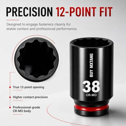 8PCS 1/2"Impact Socket Set Metric,29mm,30mm,32mm,34mm,35mm,36mm,38mm,39mm, Axle Nut Impact Socket Set L90, 12 Point CR-MO - size: 12 Point 8PCS 1/2" Socket Set Metric