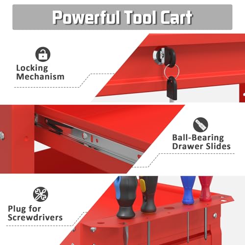 3 Tray Rolling Tool Cart with Drawers, 400 LBS Capacity Mechanic Tool Cart on Wheels, Heavy Duty Utility Cart with Pegboard for Garage, Warehouse and Repair Shop, Red - color: Red