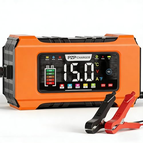 PZP 15-Amp 12V/24V Smart Battery Charger, Maintainer & Trickle Charger for LiFePO4, Lead Acid Batteries - Fully Automatic 9-Stage Charging w/Temp Compensation for Motorcycle Car Truck Lawnmower Boat - color: Orange