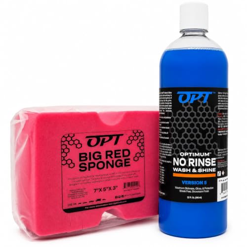 Optimum No Rinse Version 5 (32 Oz) and Big Red Sponge (BRS) Car Cleaning Kit, ONR Rinseless Car Wash and Wash Sponge for Washing and Auto Detailing - style: ONR & Sponge