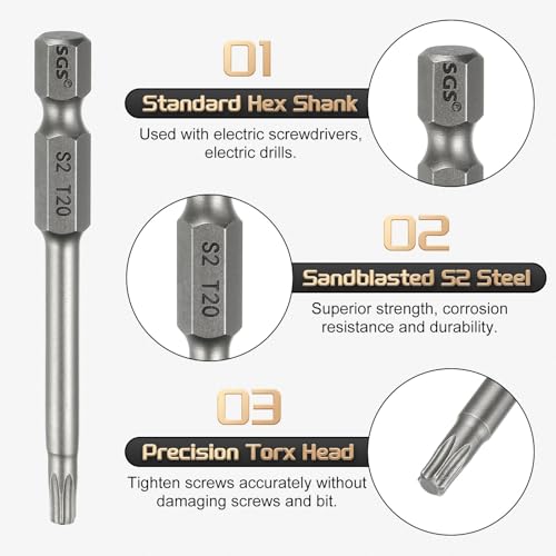 HARFINGTON 3pcs T20 Torx Head Screwdriver Bit 1/4" Hex Shank 2.6" (65mm) Long Magnetic No Hole Tip Tamper Proof 6 Point Star Screw Driver Drill Bits S2 Steel Industrial Power Screwdrivers - size: T20 x 2.6"(65mm)