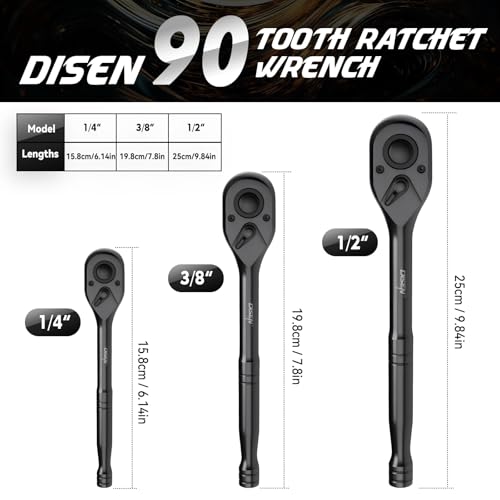 DISEN 3PCS Black Ratchet Wrench Set (1/2", 3/8", 1/4" Drive) - 90-Tooth Drive Ratchet Socket Wrench, Black Oxide Finish with Reversible Quick Release & EVA Tray - Industrial Ratchet Wrench Kit - size: 3 pieces Standard Ratchet Set - Standard Handle