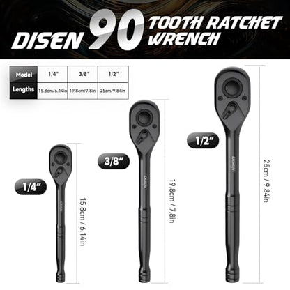 DISEN 3PCS Black Ratchet Wrench Set (1/2", 3/8", 1/4" Drive) - 90-Tooth Drive Ratchet Socket Wrench, Black Oxide Finish with Reversible Quick Release & EVA Tray - Industrial Ratchet Wrench Kit - size: 3 pieces Standard Ratchet Set - Standard Handle
