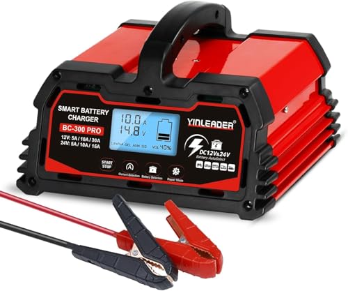 Battery Charger 30A, 12V/24V Lead Acid Smart Battery Charger, 12V LiFePO4 Car Battery Trickle Charger, Automatic Battery Maintainer for Car Motorcycle Lawn Mower Marine Boat Lead Acid Batteries - size: 30A-RED