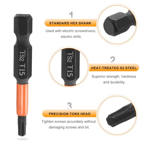 HARFINGTON 3pcs T15 Torx Head Screwdriver Bit 2" (50mm) Long 1/4" Hex Shank Magnetic No Hole Tamper Proof 6 Point Star Screw Driver Drill Bits Phosphate S2 Steel Industrial Power Tools - size: T15 x 50mm
