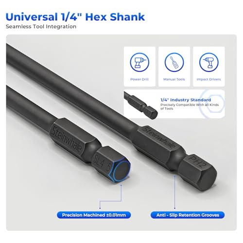 Impact Rated Screwdriver Bit Set, 4" Extended Long Magnetic Power Bits, Premium S2 Steel, Shock-Absorbing Design, 1/4" Hex Shank for Power Drill & Impact Driver (4 Inch PH+SL+PZ) - size: 4 Inch PH+SL+PZ