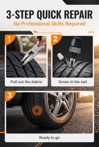 Tire Repair Rubber Nail Kit with Ratcheting Screwdriver, Needle-Nose Pliers & Organizer Case, Fast Self-Service Tool for Car, Truck, Motorcycle, Tractor Tire Puncture Repair - size: All-in-One Package
