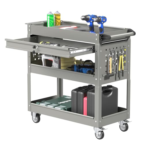 3 Tier Rolling Tool Cart, Heavy Duty Service Cart on Wheels for Mechanics,400 LBS Utility Cart with Drawers for Garage, Warehouse & Repair Shop (Gray, Tool carts) - color: Gray