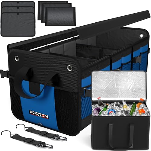 FORTEM Trunk Organizer with Cooler For SUV Car Organizer and Storage, Collapsible Multi-Compartment, Perfect Christmas Gifts For Men, Women, 1680D Oxford, Non Slip Bottom, Straps, Soft Cover 110L - color: Blue, size: Double Extra Large (110L)