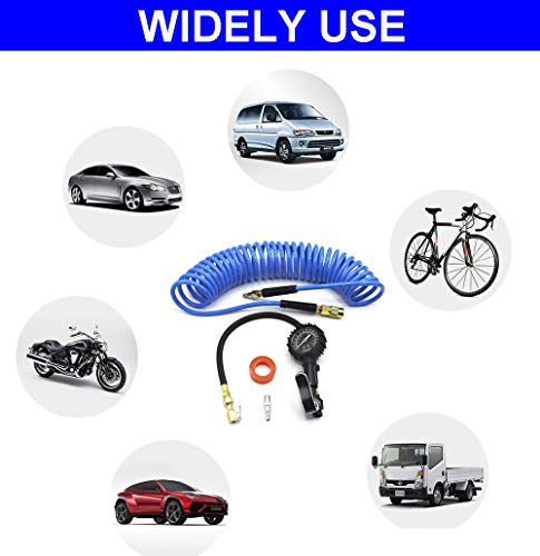 YOTOO Recoil Air Hose Kit with Tire Inflator Gauge, 1/4" Industrial Quick Coupler and Plug for tire infaltion and air Tools