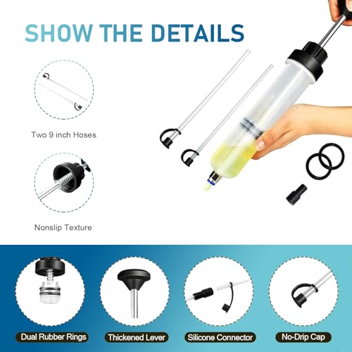 Car Power Steering Fluid Extractor, 200cc Oil Suction Pump, Manual Extraction Oil Syringe with 2 Hoses, Universal for Most Cars (White)