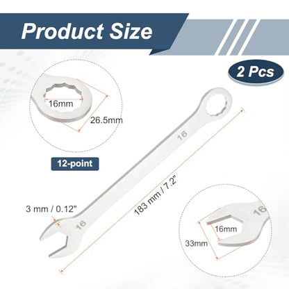 HARFINGTON 2Pcs Super Thin Combination Wrench 16mm Metric 12-Point Box and Open End Stainless Steel Double Ended Spanner Tool for Automotive Pipe Furniture Machinery DIY Repair, Silver - size: 16mm