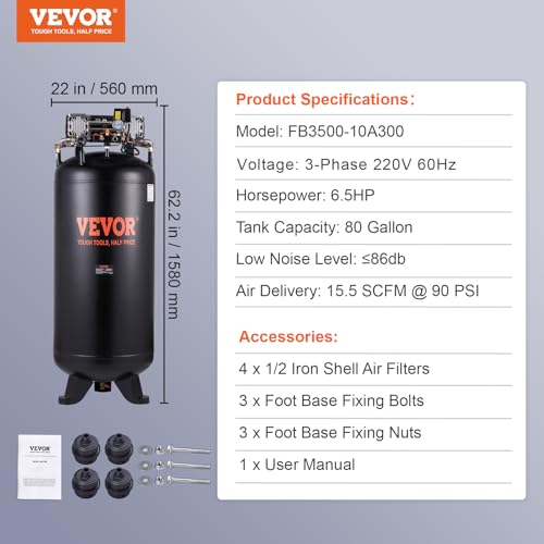 VEVOR 80 Gallons Air Compressor, 6.5HP 15.5SCFM@90 PSI Oil-Free Air Compressor Tank with 145PSI Max Pressure, 86dB Quiet Air Tank for Industrial Manufacturing, Air Brushing, Spraying (3-Phase Power) - size: 80 Gallon | 3-Phase Power