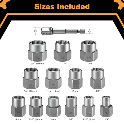 Bolt Extractor Kit, 15 Piece Easy Out Lug Nut Remover Set | Includes 3/8" Adapter • Heavy-Duty CR-MO Steel • Removes Rounded, Rusted, Frozen & Damaged Bolts, Nuts & Screws - color: 15 Pc Bolt Extractor