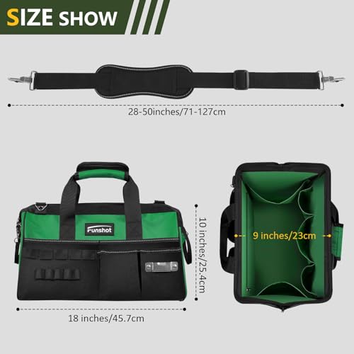 18 Inch Heavy Duty Tool Bag, Large Tool Organizer with 17 Pockets, Wide Mouth Tool Tote with Adjustable Shoulder Strap, Portable Storage Bag for Electricians, Mechanics, Contractors, DIY & Home Repair - size: 18"L x 9"W x 10"H