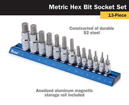 Titan 16124 13-Piece Metric Hex Bit Socket Set, Magnetic Socket Organizer with Laser-Etched Size Markings - style: Metric Hex