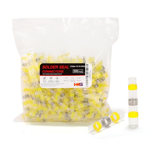 HKS 300 PCS Solder Seal Wire Connectors - Yellow 12-10 AWG - Heat Shrink Solder Butt Connectors - Tinned - Automotive Marine Boat Crimp - Waterproof and Insulated - color: YELLOW 12-10 AWG, size: 300PCS