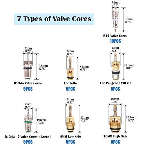 Glarks 41Pcs Schrader Car A/C Valve Core Kit - R12 R134a - Aluminium & Brass & Plastic - Blue Remover Tool - 7.6cm - style: Car Air Conditioner Valve