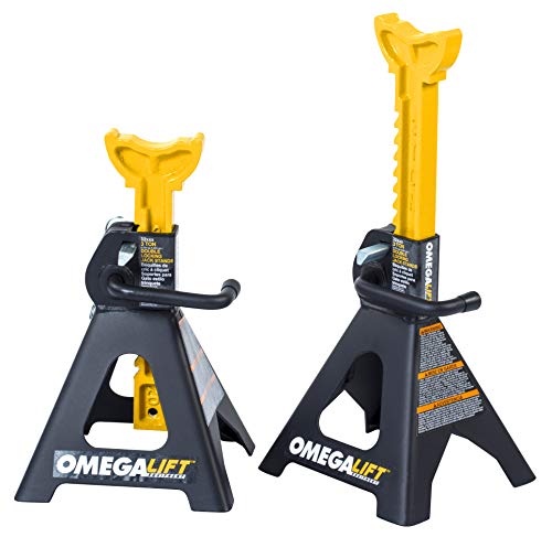 32038 3 Ton Jack Stands Pair - Heavy Duty Double Locking Pins - Handle Lock and Mobility Pin for Auto Repair Shop, Black/Yellow - size: 3-Ton