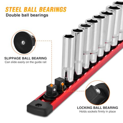 GOOACC Magnetic Socket Organizer 3/8 Inch Socket Holder with 14 360° Swivel Clips Heavy Duty Aluminum Socket Rail Organizer for Tool Box Drawer, Red 1 Piece 3/8" Drive Magnetic Socket Rails Holders - size: Rail Magnetic 1PC 3/8" Red